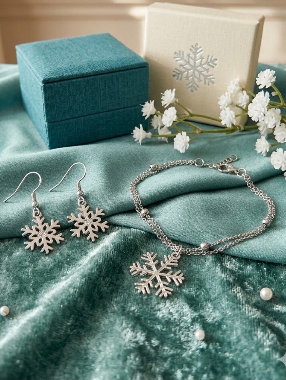 BOUTIQUE Snowflake Dangle Earrings Bracelet Jewelry Winter Season Collection Set